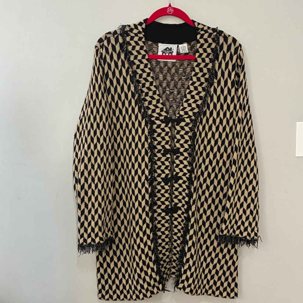 VTG Storybook Knits houndstooth print cardigan sweater Women L Tan Black Fringe
